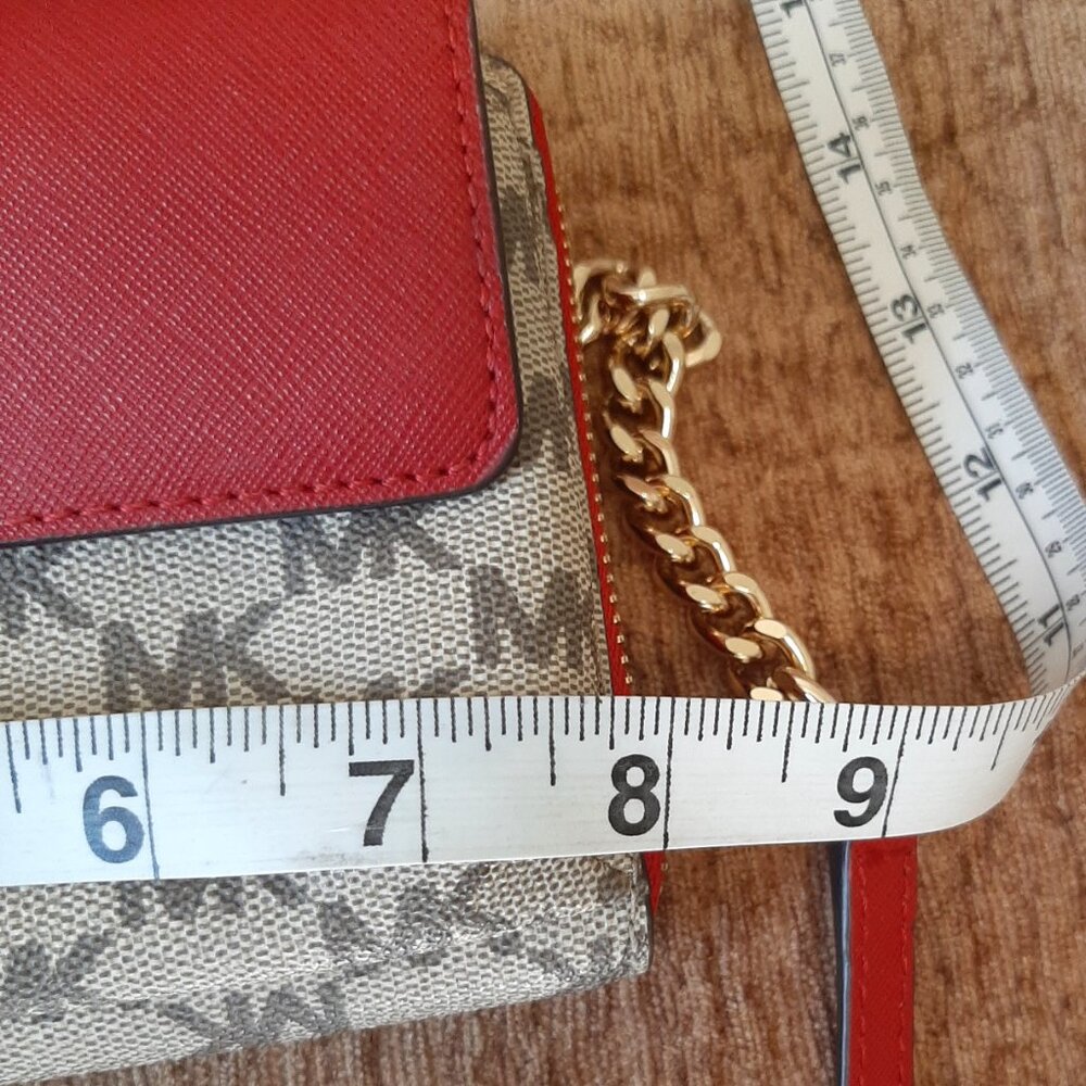 Michael Kors Bridgette Red & Tan MK Logo Print Wallet on Crossbody Strap - Picture 11 of 14